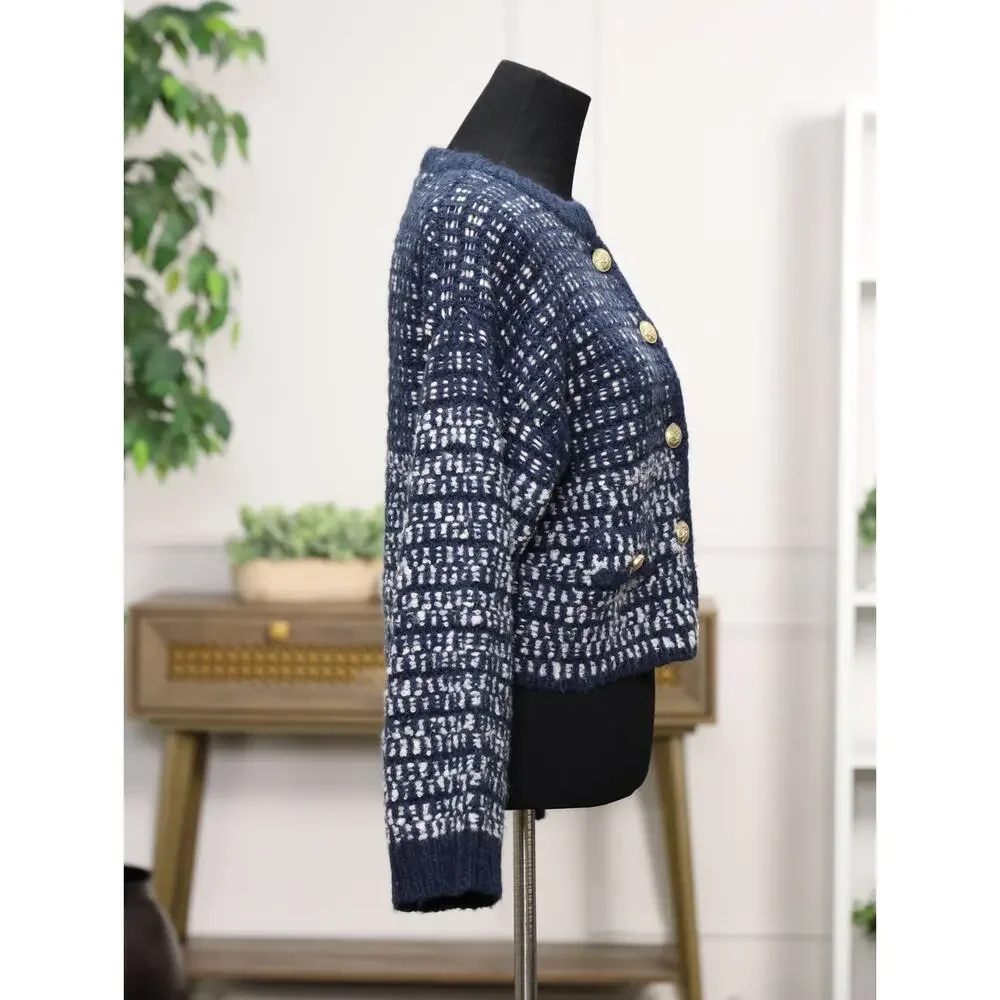 Quiet Luxury Preppy J.Crew Alpaca Wool Gold Button Cardigan Jacket Navy XS